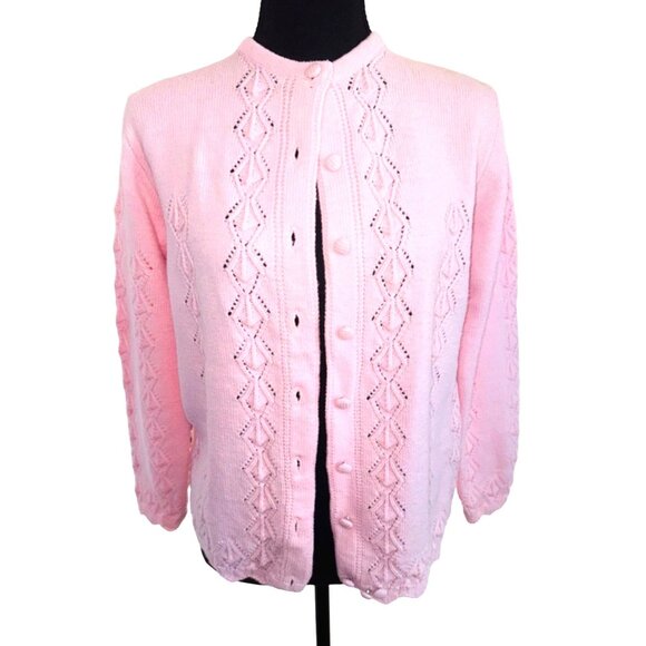 Vintage Sidney Gould Pink Cable Knit Cardigan Sweater Crochet Preppy Cottage S - Picture 1 of 11